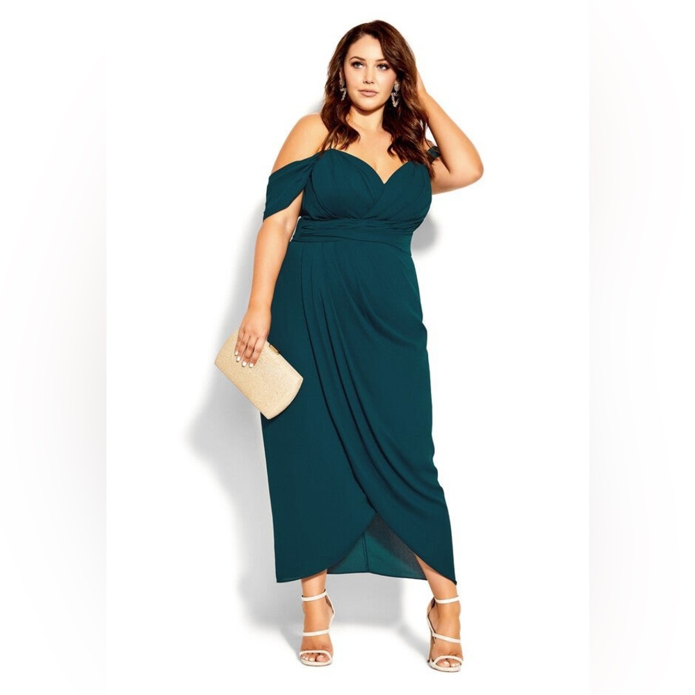 City Chic Entwine Maxi Dress in Emerald Green  Off-Shoulder Chiffon Plus Size 16